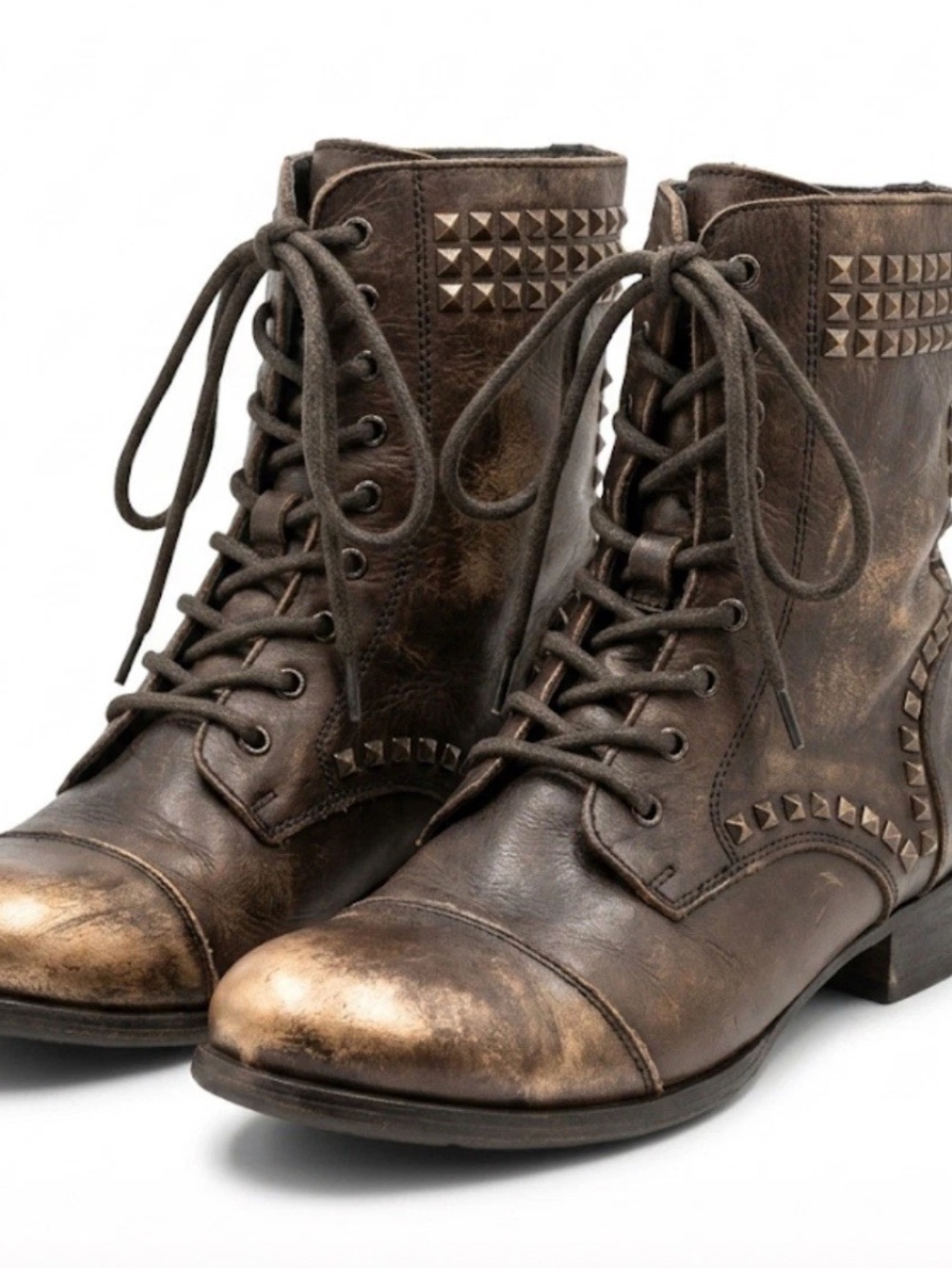Steve Madden Troopa Gray Leather Studded Combat Boots Women Size 8 Lace Zip Up